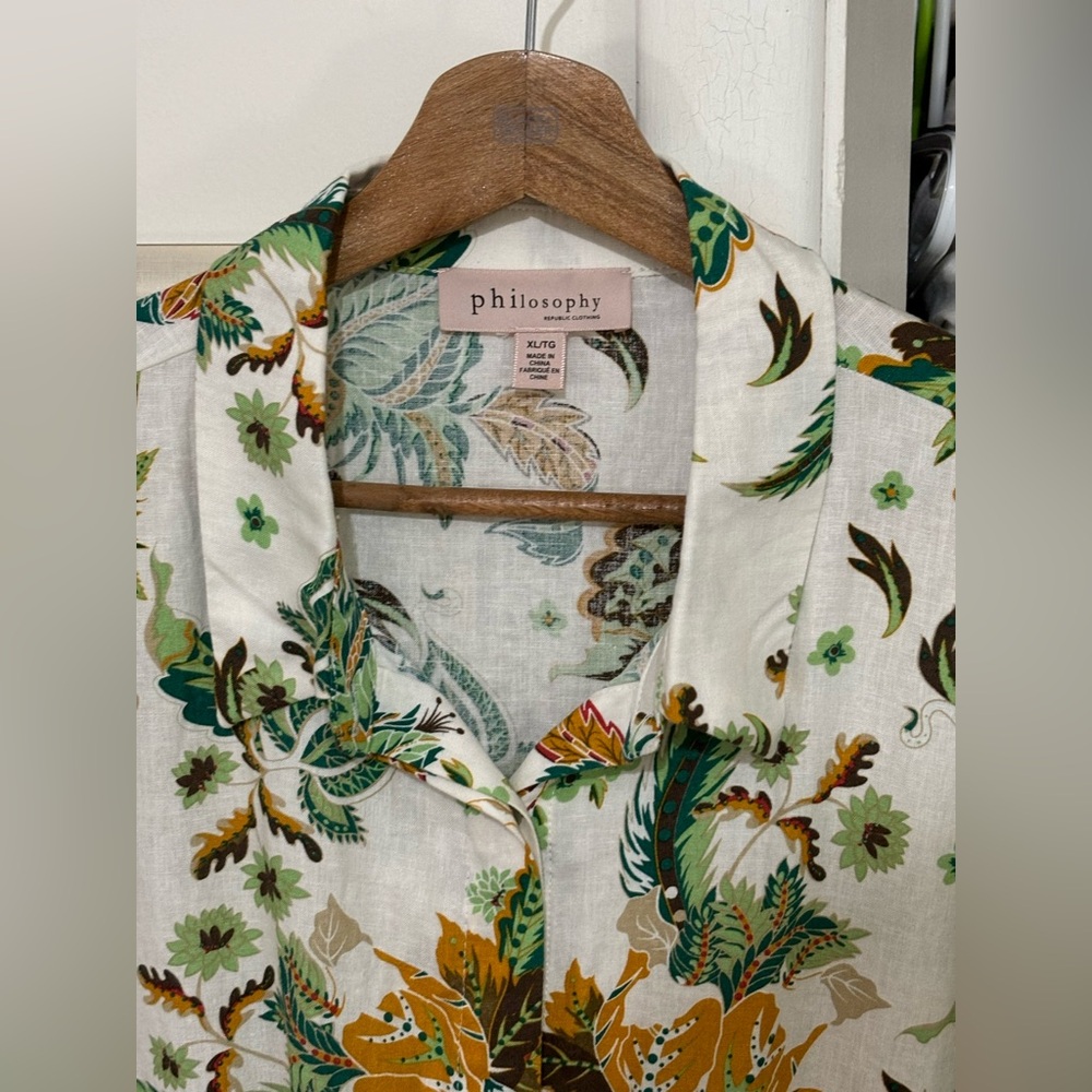 Philosophy Tie-Front Button Down Green Floral Lin… - image 2